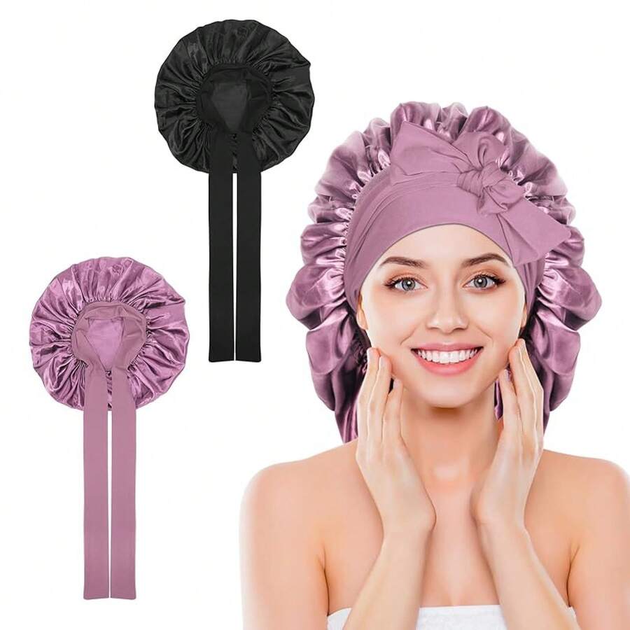 Arqumi 2 Pcs Satin Silk Bonnet Sleeping Women, Large Long Strap Tie Band Adjustable Sleep Night Cap Hair Bonnet Wrap Men, Black+Purple - Black+Leather Red - View 1