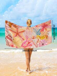 1pc Ultra-Fine Fiber Beach Towel With Ocean Elements Print, Including Shells, Conches, Corals, Starfish, Quick-Drying, Absorbent, Soft, Beach Mat, Outdoor Sports, Travel, Swimming Pool, Yoga, Fitness Towel, Vacation Essential Gift, Single-Sided Print, Beach Accessories, Pool Float - Coral Orange - View 9