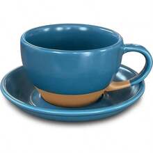 Mora Ceramic Latte Art Mug With Saucer - 10.5 Oz, Round Bottom Pours - Cafe Cups Cappuccino, Espresso, Coffee, Tea Etc - Porcelain Set Baristas, Great - Chai Latte - 藍色 - 查看 1