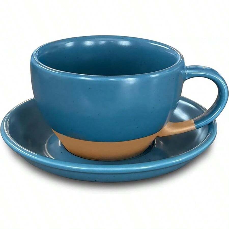 Mora Ceramic Latte Art Mug With Saucer - 10.5 Oz, Round Bottom Pours - Cafe Cups Cappuccino, Espresso, Coffee, Tea Etc - Porcelain Set Baristas, Great - Chai Latte - 藍色 - 查看 1