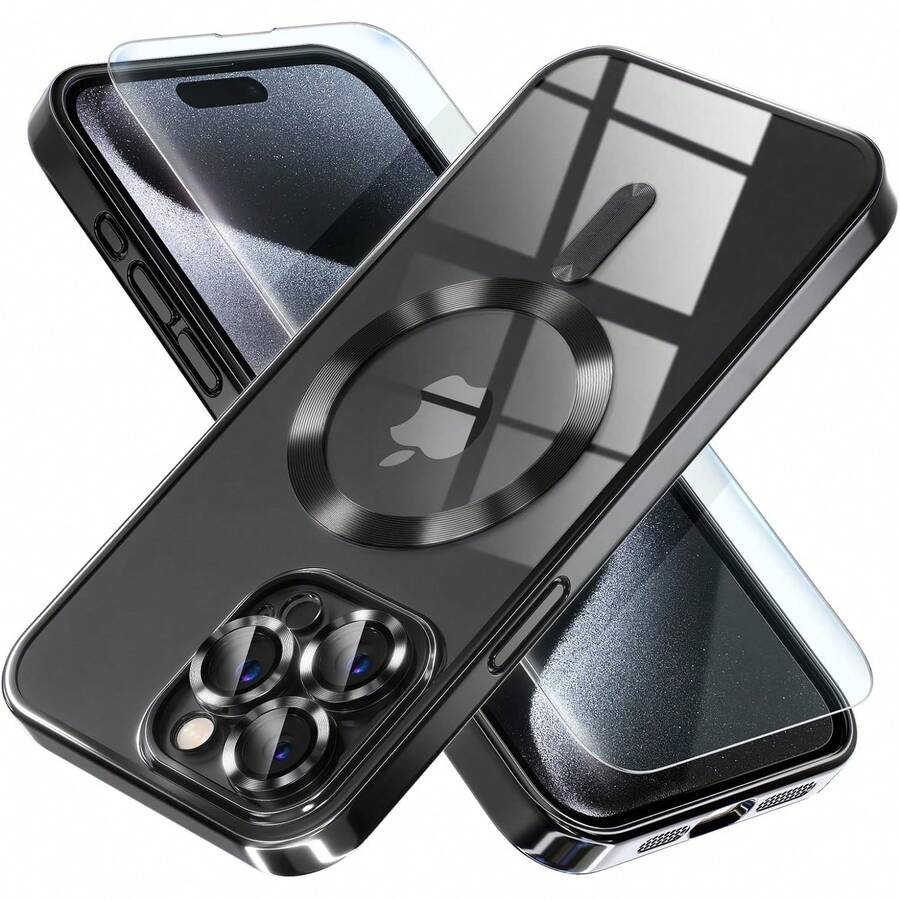 Magnetic For 15,14,13,12,11 Case With MagSafe Never Yellowing Drop Protection Full Camera Lens Protector Plating Soft Clear Phone Case For Men, Boys, Women Girls - màu đen - Xem 1