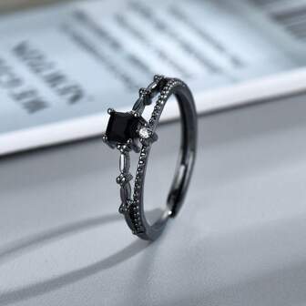 1pc Fashion Couple Bonding Cubic Zirconia Inlaid Black Square Ring, Suitable For Daily Wear, Valentine's Day Gift