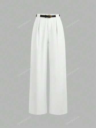 Women's Solid Color Simple Mid-Waist Straight Leg Pants With Belt