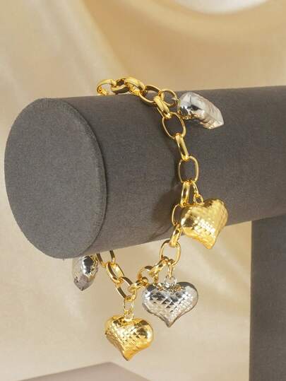 1件波西米亚风双色心形18K镀金优雅女士时尚手链，铜底，适合日常佩戴和婚礼首饰，季节性配饰