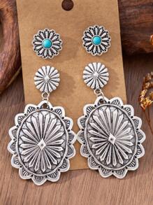 MONLOTTI 4 pièces/set Boucles d'oreilles pendantes rétro western, style cowboy avec motif géométrique et texture totémique, style bohème exagéré créatif, ensemble de bijoux pour femmes, cadeau de fête des mères