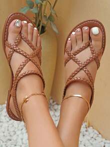 planare Women's Fashionable Elegant Brown Woven Criss-Cross Flat Slip-On Sandals, Suitable For Casual, Party, Date, Daily Commute, Comfortable Non-Slip Stable Outdoor/Indoor Stylish Flat Sandals For Ladies, Casual Holiday Vacation Daily PU Open Toe Strap Round Toe Comfortable Summer Sandals - Brown - View 10