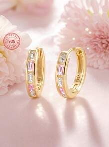 Artepollo 1 Pair 925 Sterling Silver Hypoallergenic Hoop Earrings, Inlaid With Pink And White Square Cubic Zirconia, Gift Box, Gift For Kids, Young Girls, Friends Birthday