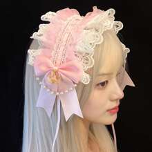1pc Lolita Style Girl Faux Pearl Bow Lace Headband + Cute Countryside Themed Headpiece Ribbon Maid Headdress, Suits 2D Lolita Halloween