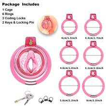 Haifan Soft Silicone Mini Chastity Devices Flat Cock Cage For Men With 6 Sizes Rings Penis Lock Bondage Sex Toys SM Products (Pink-Transparent)