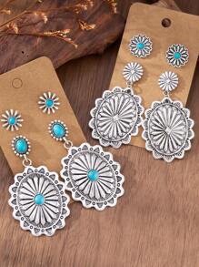 MONLOTTI 4 pièces/set Boucles d'oreilles pendantes rétro western, style cowboy avec motif géométrique et texture totémique, style bohème exagéré créatif, ensemble de bijoux pour femmes, cadeau de fête des mères