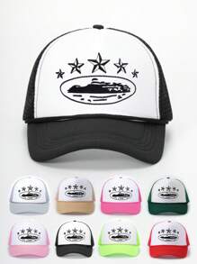 1 pièce Chapeau de soleil en maille avec lacet ajustable, étoile à cinq branches brodée. Convient pour les voyages en extérieur, la plage, le printemps/automne, style unisexe Y2K