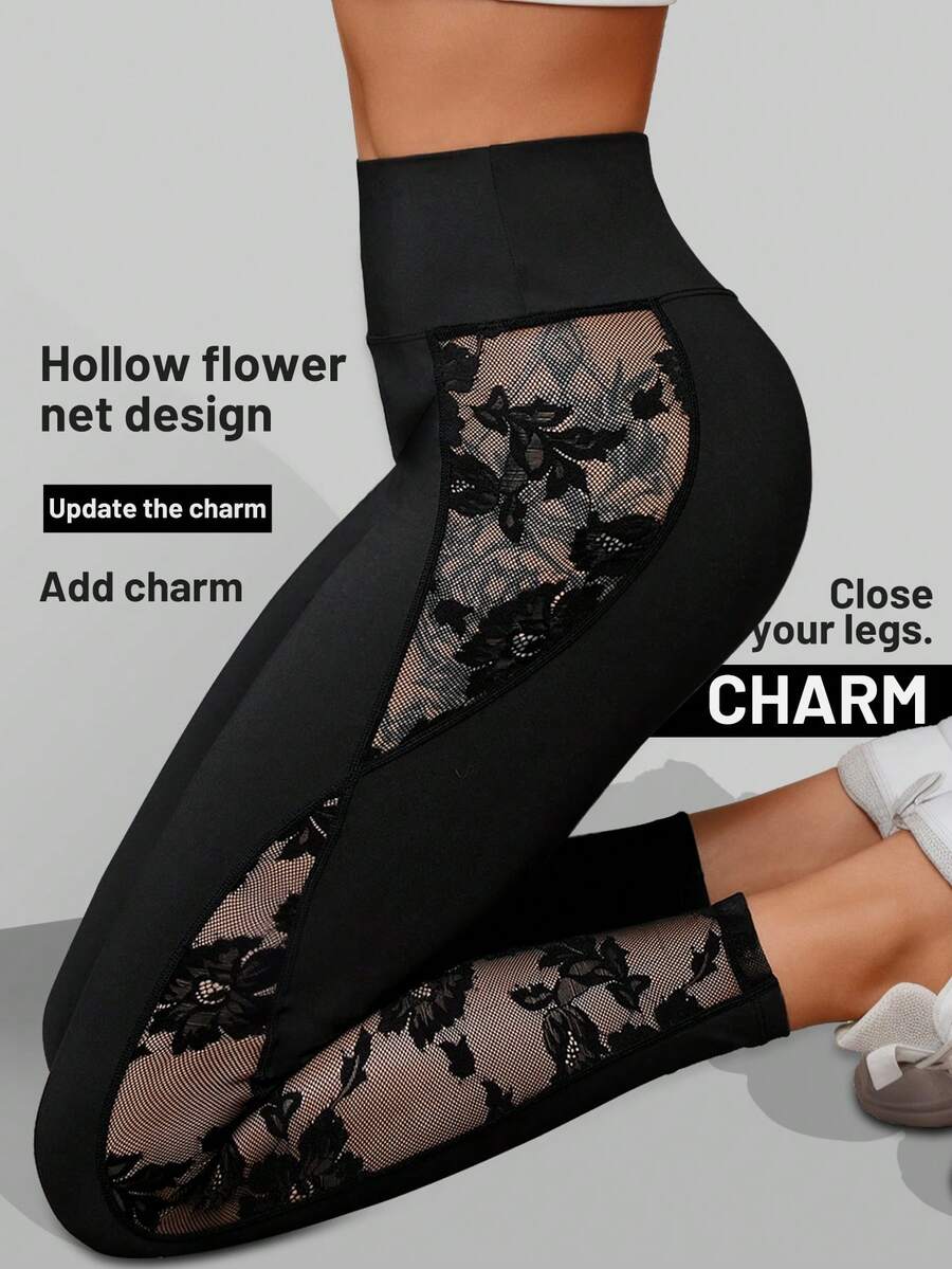 1 Stück Frühling/Sommer/Herbst/Winter neue Yoga 3/4 Leggings, Blumen Netz Patchwork mit geraffter Taille, atmungsaktive Casual Sportbekleidung Strumpfhose Schwarz - Schwarz - Übersicht 1