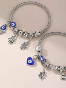 Set de 2 piezas de pulseras para niñas con cuentas con diseños de corazón, flor y ojo malvado - Multicolor - Ver 7