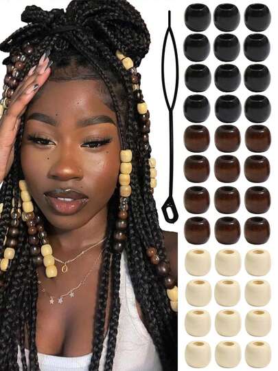 خرز خشبي مطلي كبير الثقب 60 حبة، إكسسوارات شعر، خرز لتصفيف الشعر، مناسب للضفائر والتضفير وال-DIY (بما في ذلك إبرة احترافية سوداء)، مشابك مخلب