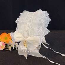 1pc Lolita Style Girl Faux Pearl Bow Lace Headband + Cute Countryside Themed Headpiece Ribbon Maid Headdress, Suits 2D Lolita Halloween