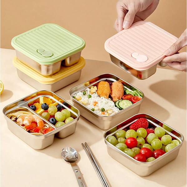 1pc 600ML/650ML 304 Stainless Steel Lunch Box With Lid, Portable Fruit Salad Food Storage Container, Large Capacity Sealed Leak Proof Bento Box, Stackable Bento Lunch Container, Refrigerator Food Fresh Storage Box, Dishwasher Safe, Suitable For Student And Adult Use In School, Office, Outdoor Camping, Picnic, Travel