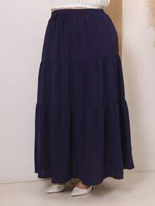 LONG PLUS SIZE SKIRT FOR WOMEN 3 MARIAS ELASTIC WAIST Simple Casual Hem With Ruffle Knot - 藏蓝色 - 查看 3