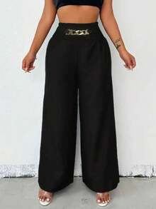 Women's High-Waisted Wide-Leg Pants With Gold Chain | Linen Style | S To L | New Release - Black - View 1
