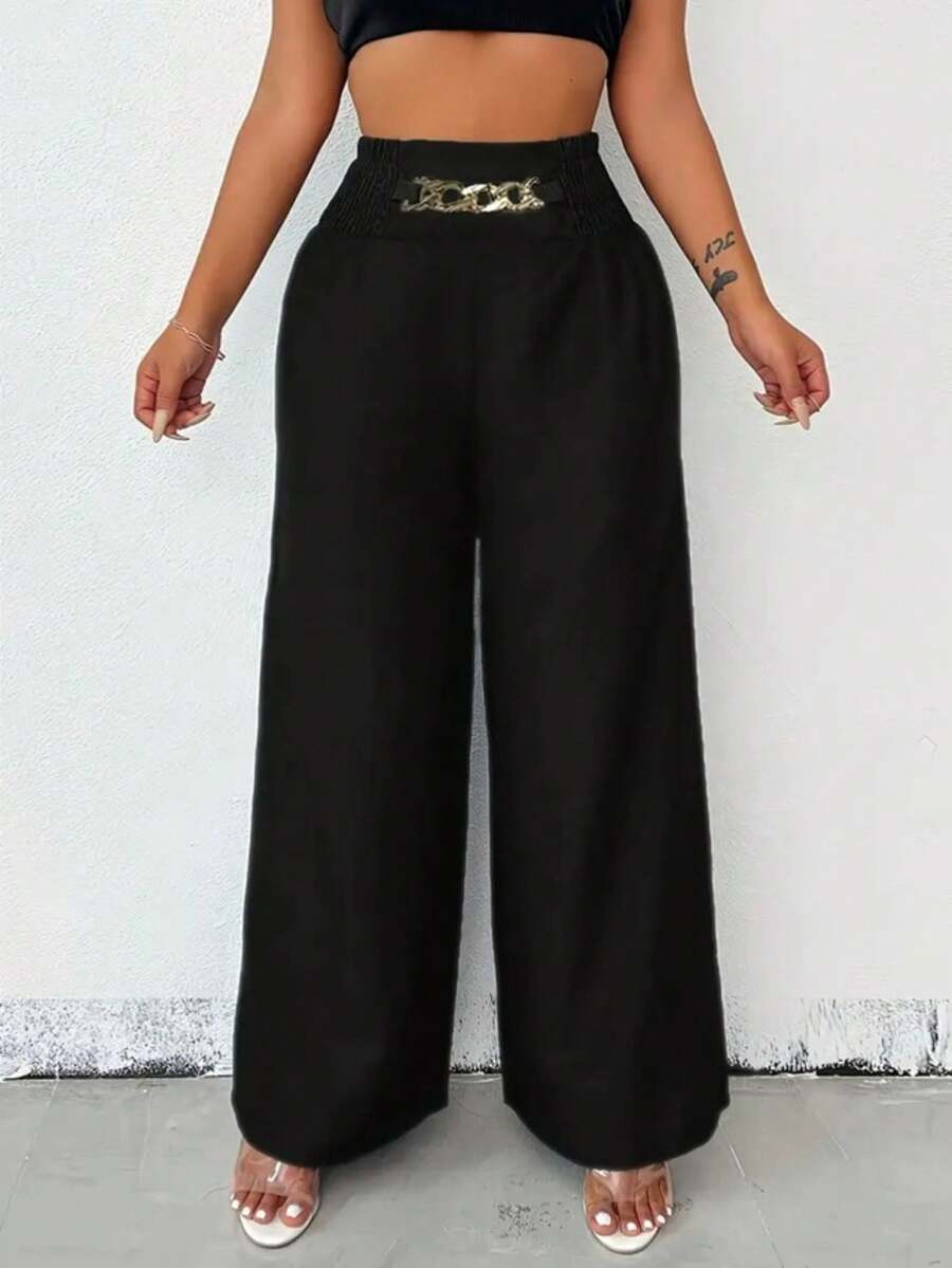 Women's High-Waisted Wide-Leg Pants With Gold Chain | Linen Style | S To L | New Release - Black - View 1