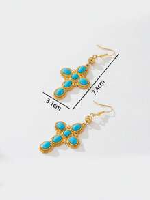 1 par de aretes con dije de cruz de aleación de oro con incrustación de turquesa verde, elegantes y adecuados para el Día de la Ascensión y uso diario de las mujeres