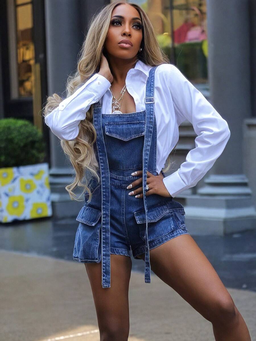 Summer Cargo Denim Romper Overall For Women Short Blue Jean Casual Jumpsuits With Pockets Plain Casual Pocket Button Lace Up - Màu xanh lam - Xem 1