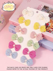 12pcs Multi-Size & Color Pearl Decor Bow Hair Clips, Versatile For Kids, Excellent Gift Option