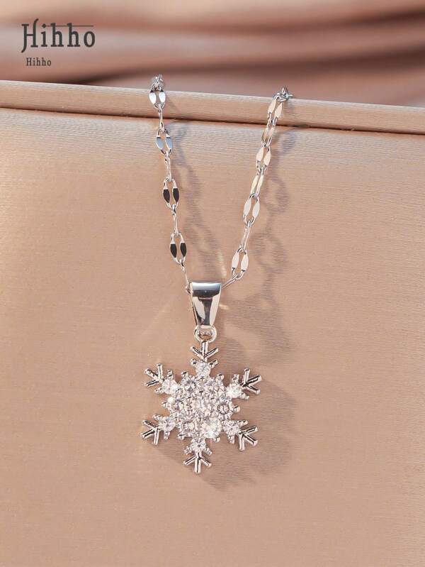 Hihho 1pc Fashionable High-end All-match Full Rhinestone Inlaid Simple Snowflake Pendant Elegant Women's Collarbone Necklace Ornament Gift