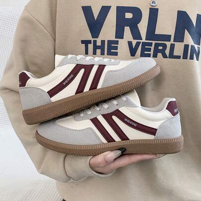 女士多功能撞色纯色学院风休闲鞋，平底防滑系带圆头橡胶底休闲运动鞋，酒红色撞色设计，日常百搭休闲鞋，尺码36-41，时尚