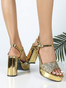 Nuevas sandalias sexy para mujer con puntera abierta, puntera cuadrada, correa, lentejuelas y suela gruesa. Para uso en exteriores durante el verano, elegante para vestido de fiesta y vestido de gala. Hermoso tacón grueso y plataforma de súper tacón alto
