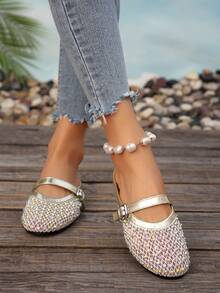 Women's Summer Fashion Rhinestone Decor Round Toe Slip-On Flat Sandals, Comfortable Non-Slip Soft Sole Backless Mule Casual Slippers, Versatile And Graceful - Gold - View 8