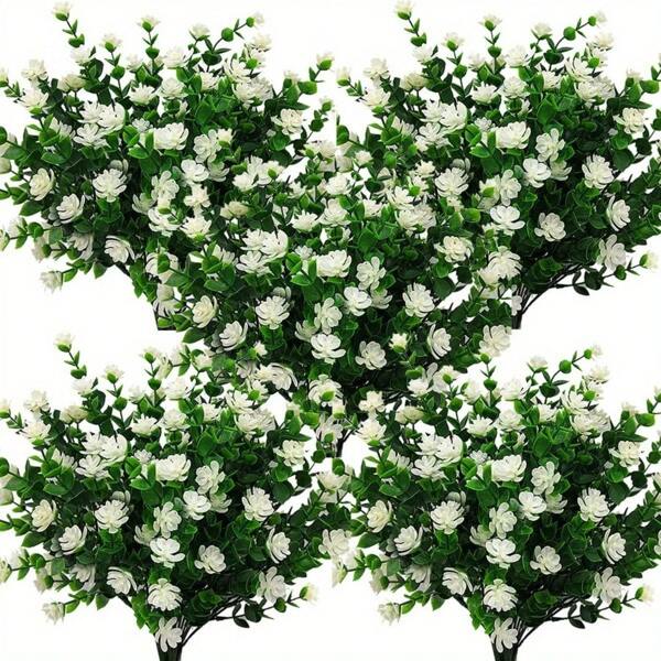 Buquês de eucalipto 1/3/5, buquês imitando rosas, decoração de cores outonais de eucalipto, lótus pequeno, flores artificiais, plantas de plástico para áreas externas, arbusto anti-ultravioleta, decoração para áreas externas e internas (branco - eucalipto)