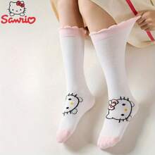 Sanrio 1Pair Sanrio Hello Kitty Women'S Knee-High Socks, 100% Polyester, Breathable Mesh, Cute Animal Pattern, Comfortable Knit Fabric, Long Tube Sports Socks,