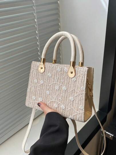 حقيبة قش مزينة بزهور الدانتيل للنساء، جديدة لربيع وصيف 2025، حقيبة شاطئ عصرية، حقيبة تسوق شوارع، حقيبة كتف مجدولة أنيقة