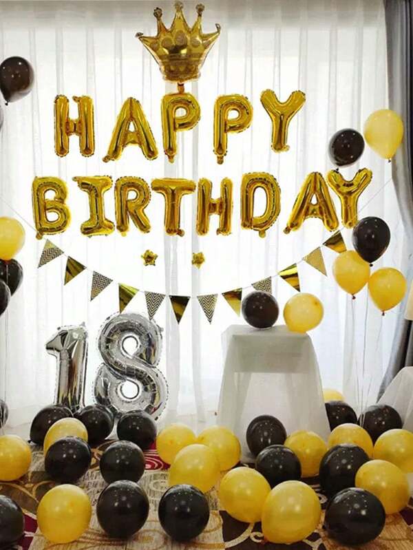 14pcs/13pcs/Set Gold Happy Birthday + Number Foil Balloons, Adult Birthday Party Decorations, Birthday Celebration Decor, Photo Booth, Anniversary Decor, Romantic Room Decoration, Holiday Decor, Suitable For 1-10 Years Old, 11, 12, 15, 18, 25, 30, 40, 50 And 60 Years Old For Men And Women, And 6.1