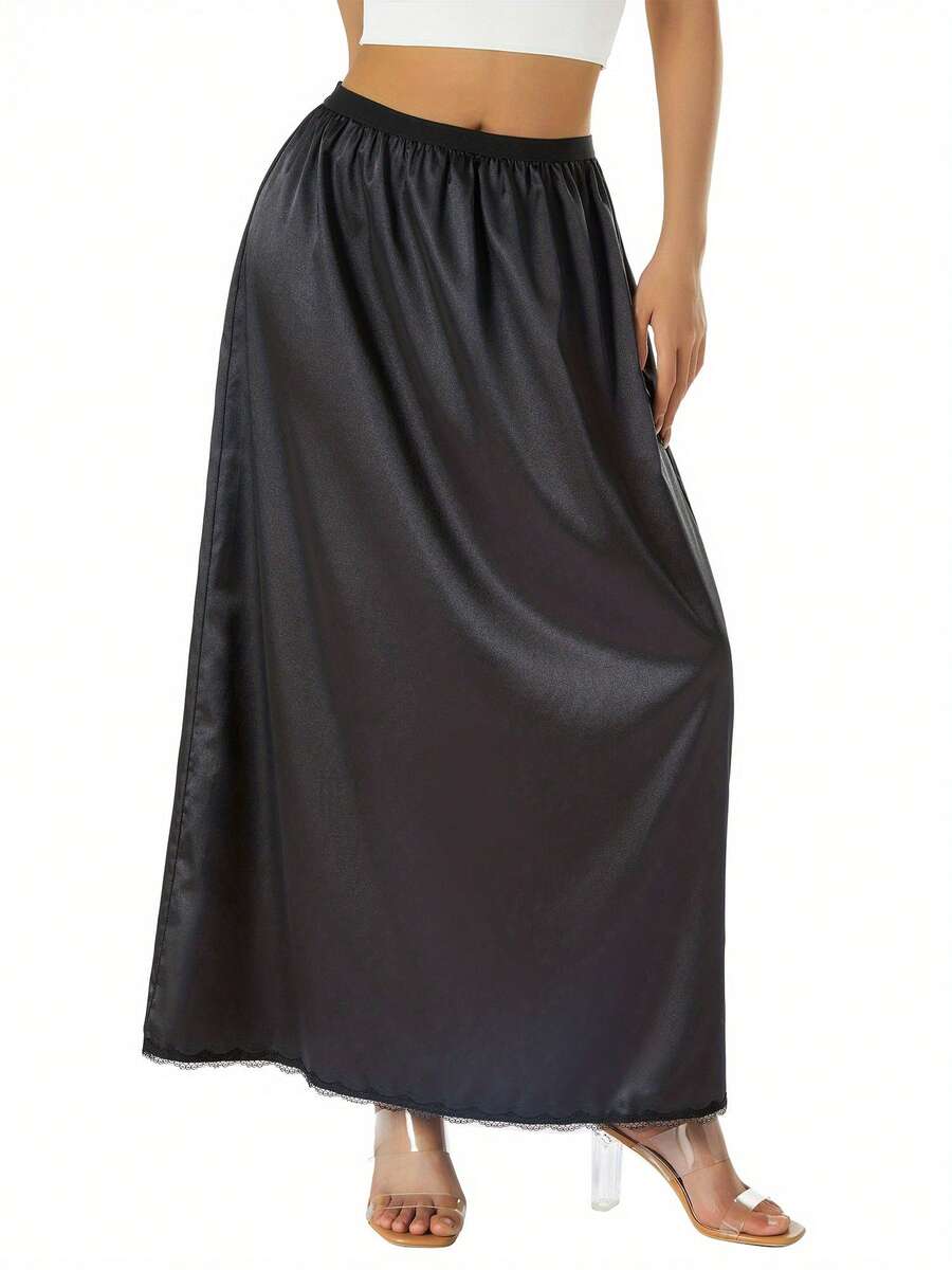 Half Slip Lace Long Underskirt Women's Satin Half Slip Half Slips For Under Dresses Slip - Black - View 1
