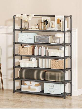 1pc 6 Tier Floor Standing Shelf, Multipurpose Storage Rack For Living Room Home Use, Heavy Duty Metal Tube Frame, Easy Assembly Space Saving Home Decor