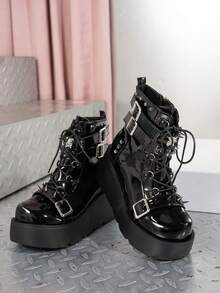 女士时尚厚底系带户外休闲踝靴 女士时尚新款铆钉系带切尔西休闲靴 女士时尚波西米亚风格 2025 返校季厚底增高休闲靴