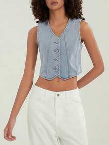 Women's Button-Up Denim Vests V-Neck Sleeveless Jean Waistcoat Crop Jacket Streetwear - Blue - View 1