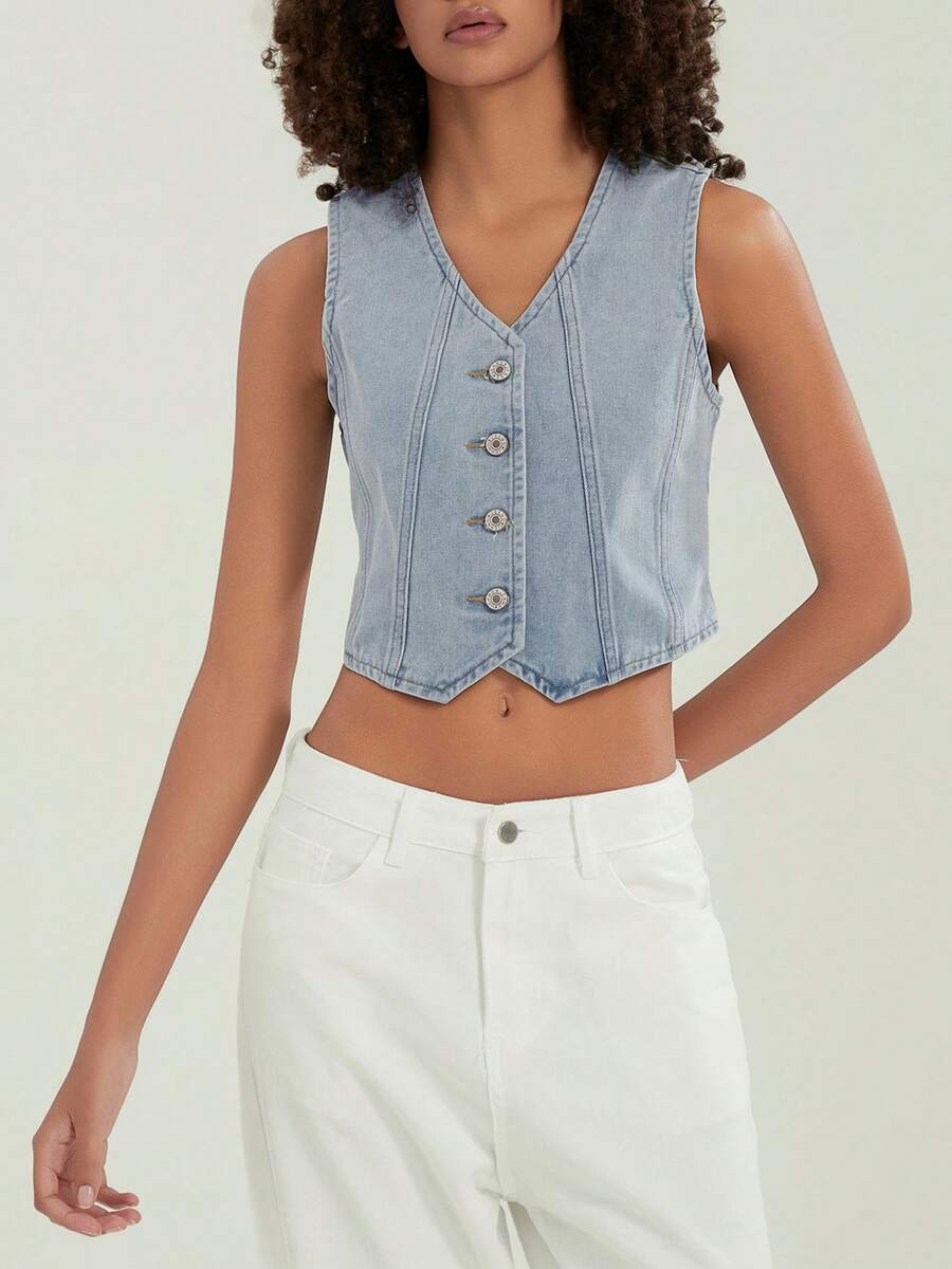 Women's Button-Up Denim Vests V-Neck Sleeveless Jean Waistcoat Crop Jacket Streetwear - Blue - View 1