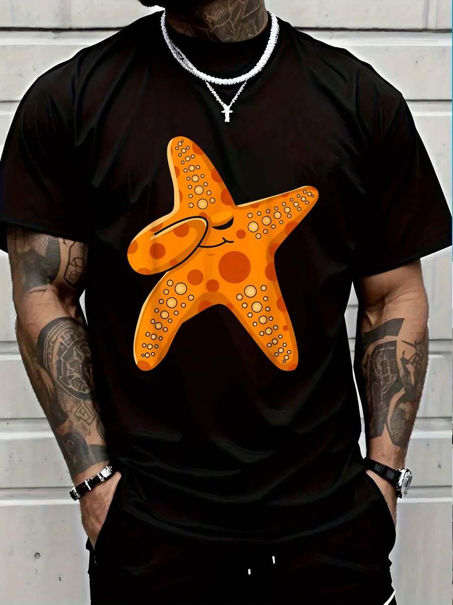 Kids Beach Starfishes Dress Art Outfit  Dabbing Starfish-Shirt Graphic Tees Summer Clothes Men Shirts Street Wear - 黑色 - 查看 1