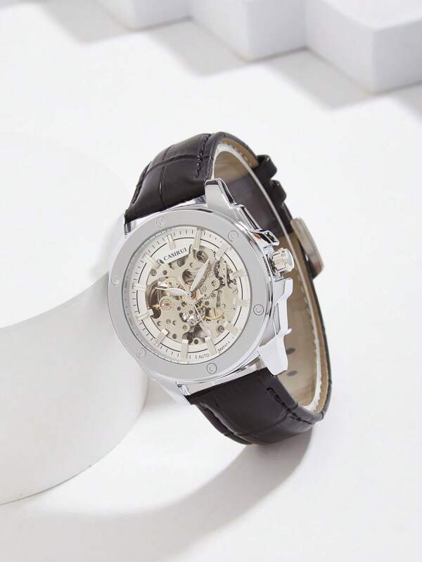 1pc Men's Fully Automatic Mechanical Wristwatch With Genuine Leather Strap, Classic Business Style