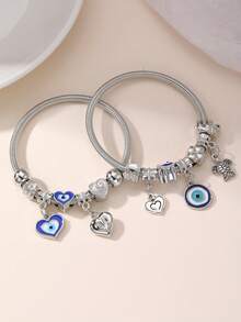 Set de 2 piezas de pulseras para niñas con cuentas con diseños de corazón, flor y ojo malvado - Multicolor - Ver 2