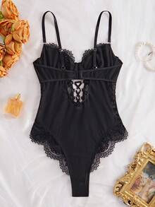 Solid Color Lace Patchwork Sleeveless Bodysuit, Summer For Going Out, Baddie Look