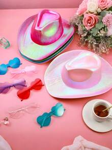 Set de 2 piezas Sombrero de vaquero holográfico con gafas de sol sin borde brillantes, set de sombrero de vaquero y gafas de sol brillantes con forma de corazón, accesorios de vaquera espacial para festivales de música, Halloween, cosplay (gafas de protección UV, diseño ligero, tema vaquero retro, props para fotos, regalos para fiestas de cumpleaños y despedida de soltera), accesorios para fiestas, graduación - Multicolor - Ver 3