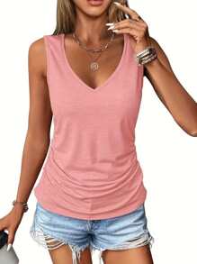 3pcs Women Casual Sleeveless V-Neck Tanks - Loose Fit Solid Color Tops (Black/Grey/Pink), Machine Washable, Versatile For All Seasons, Daily Wear, Pleated Design, Comfortable