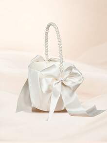 婚礼用品：白色缎带、珍珠手柄婚礼花篮、过道花童花瓣篮、结婚戒指枕头、婚礼派对餐桌装饰 - 白色 - 查看 5