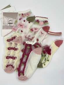 5 Pairs (Random Assortment) Women's Cartoon Bear & Ditsy Floral Pattern Elegant & Sweet Glass Silk Short Socks, Breathable Casual Wear Suitable For Spring/Summer - Multicolor - View 2