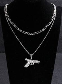 1pc Fashion Hip-Hop Style Stainless Steel Long Necklace With Pendant Charms, Including Poker, Dollar, Gun Pendant, Suitable For Gift, Valentine's Day, Graduation, Father's Day, Men's Jewelry, Chain Necklace