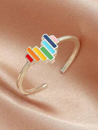 1pc Rainbow Oil Drop Heart Shaped Adjustable Ring, Cute And Sweet Fashion Accessory