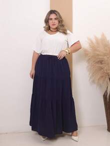 LONG PLUS SIZE SKIRT FOR WOMEN 3 MARIAS ELASTIC WAIST Simple Casual Hem With Ruffle Knot - 藏蓝色 - 查看 2